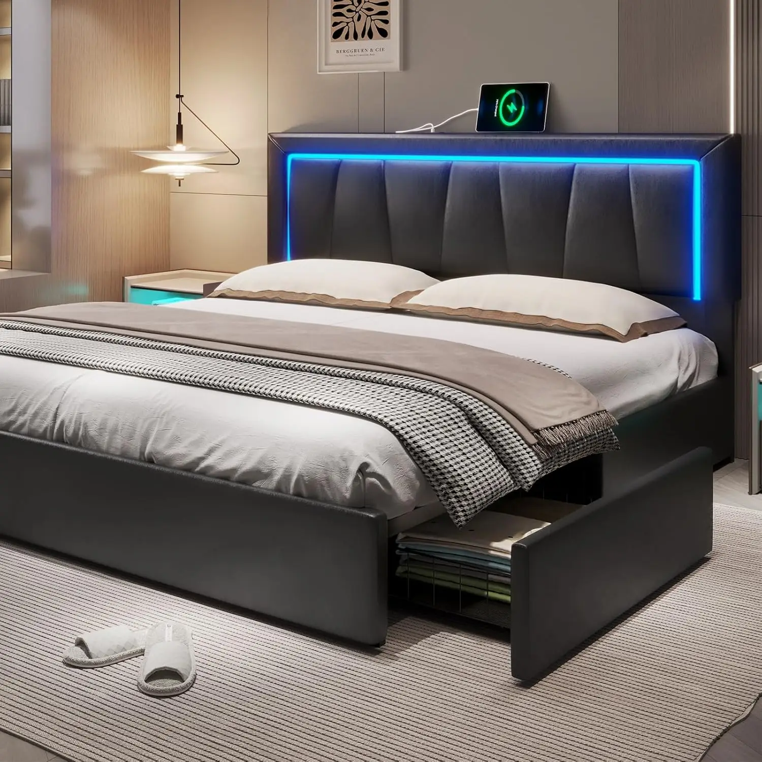 Description Picture 2 of itemCalifornia King Bed Frame with 4 Storage Drawers, Charging Station, Artificial Leather Upholstered Headboard, LED Bed Frame
