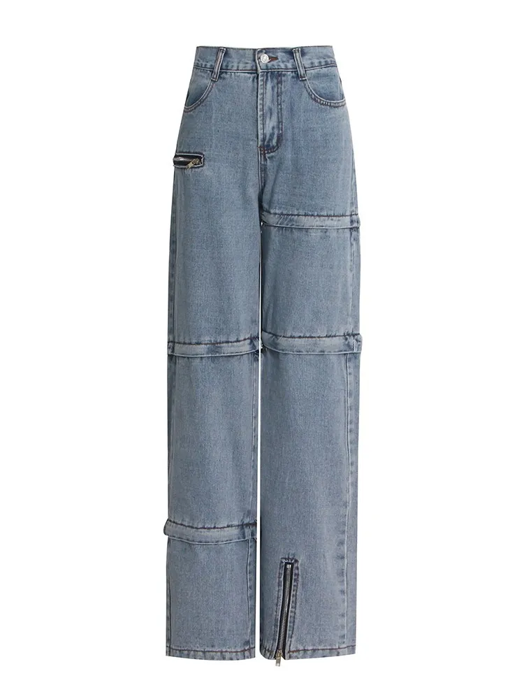 BPN Fashion Detachable Jeans Women's High Waist Spliced Zipper Slimming Streetwear Straight Denim Pants Female Style Clothes New