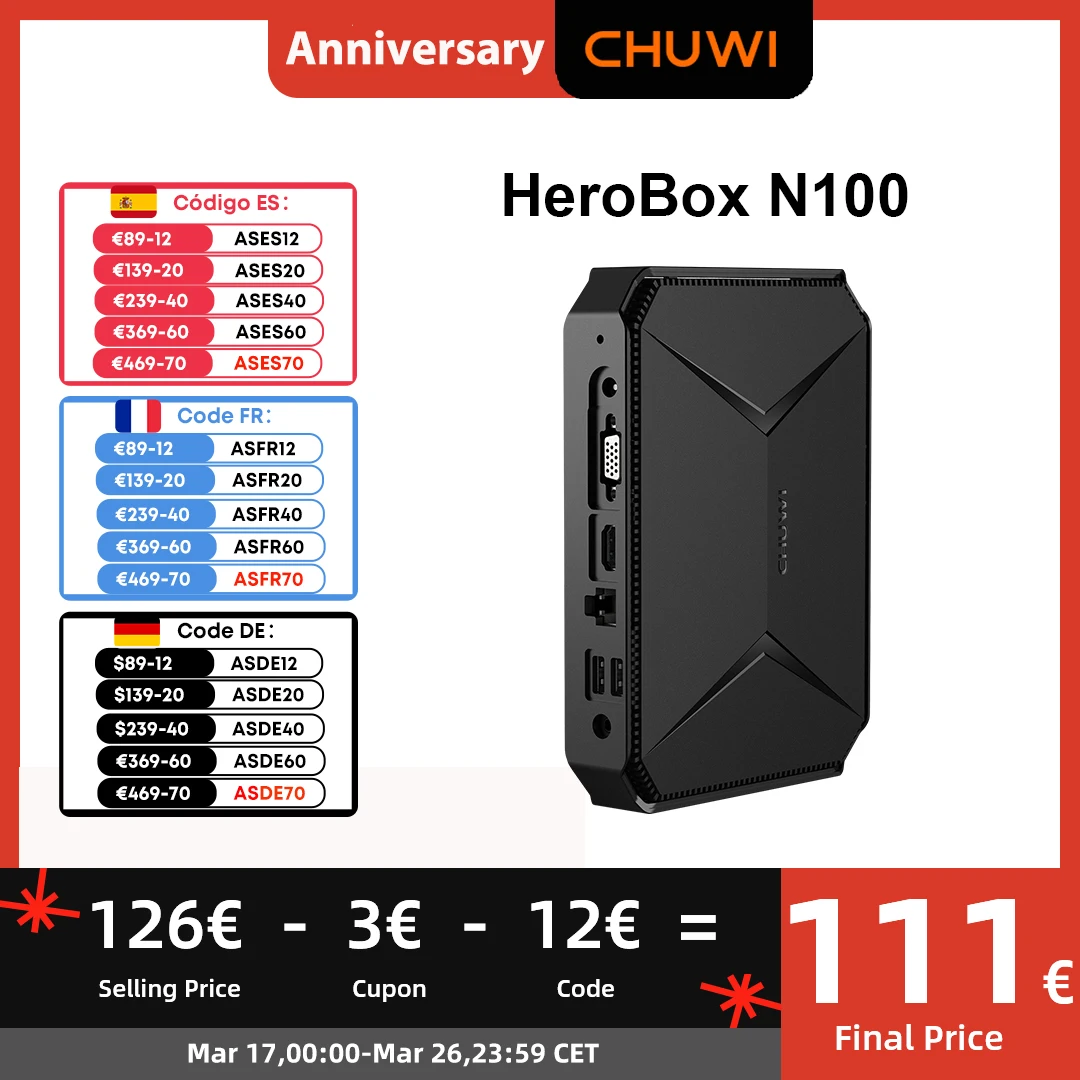 【中古】CHUWI HeroBox Mini Pc Celeron N4100 CHUWI HEROBOX MINI PC Windows 11 Mini Desktop Computer Intel