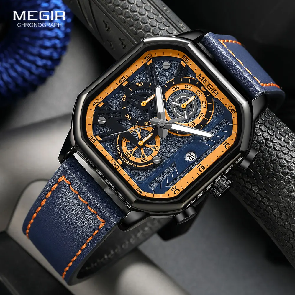 Megir-relógio de Quartzo Militar Masculino com Mostrador Quadrado Cronógrafo Analógico Relógio de Pulso Esportivo Pulseira Azul e Laranja Moda 8106 - Image 2