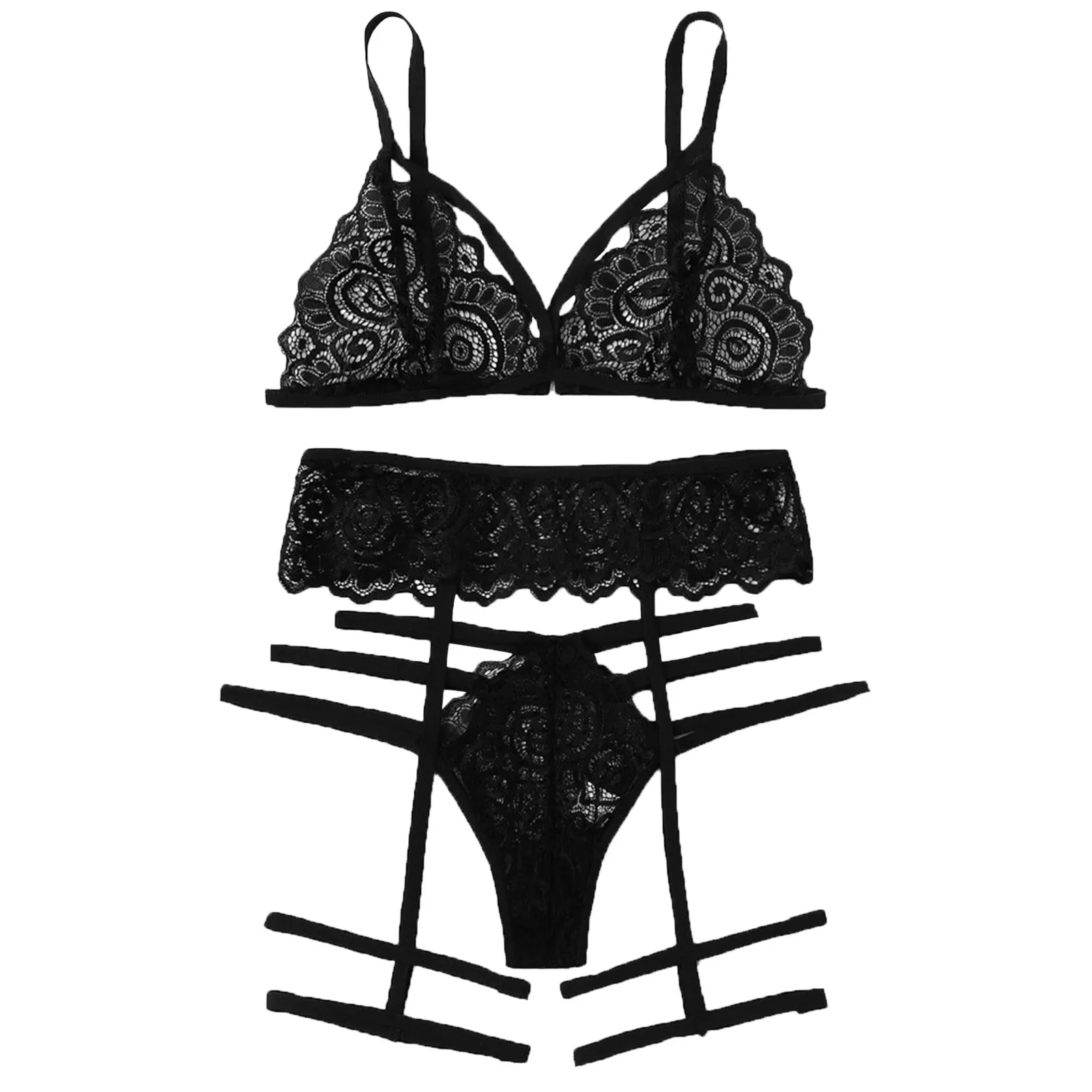 3-teiliges Damen-Unterwäsche-Set in Übergröße, sexy Ling-Spitze, sexy Ling-Träger, BH und Höschen, Strumpfband-Set, Unterwäsche für Damen_voghion.com