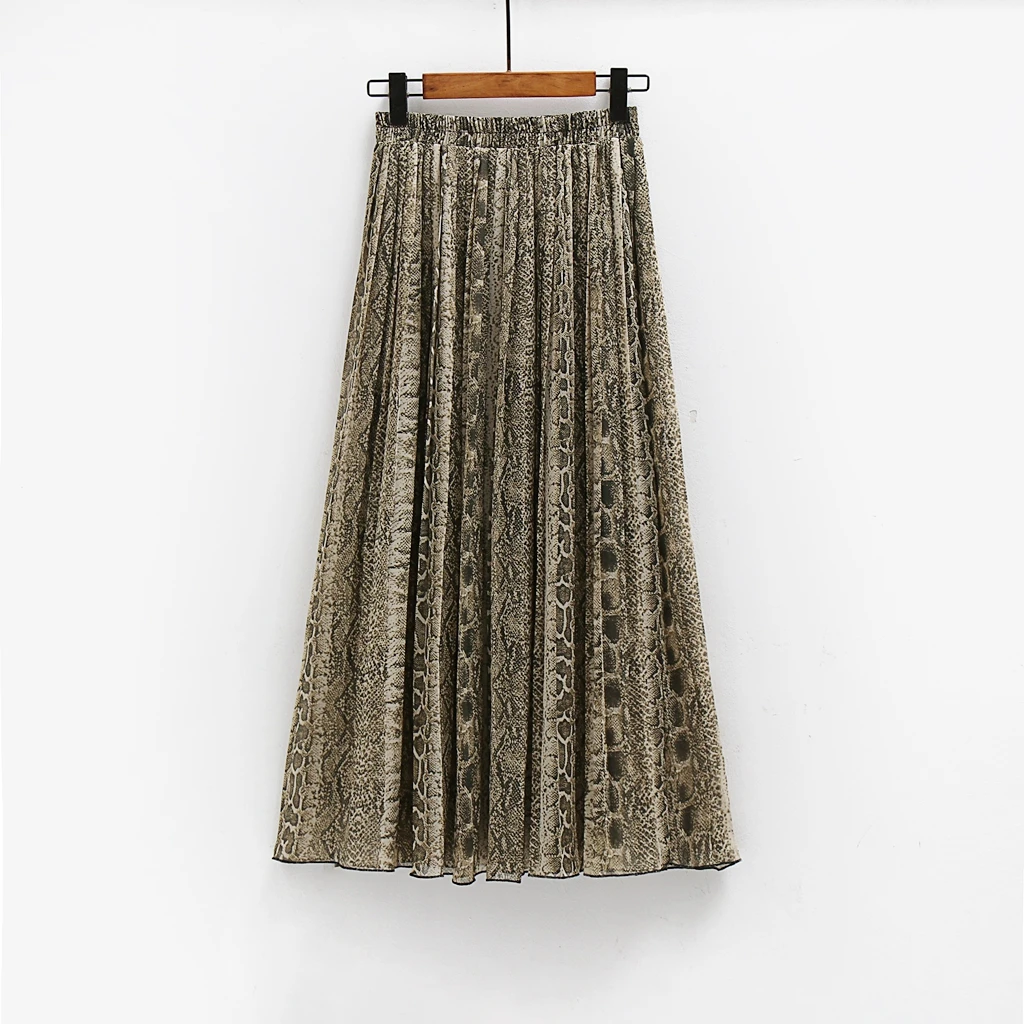 Snake Print Pleated Skirt Women Long Skirt Elastic Waist Casual Vintage A-LINE Leopard Chiffon Beach Maxi Skirts Female 2023 New