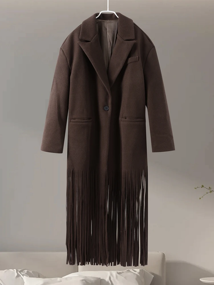 Fashion Tassel Hem Women's Coat Autumn Winter Turndown Collar Long Sleeve Female Overcoat 2024 Brown High Street Lady Outwear 6