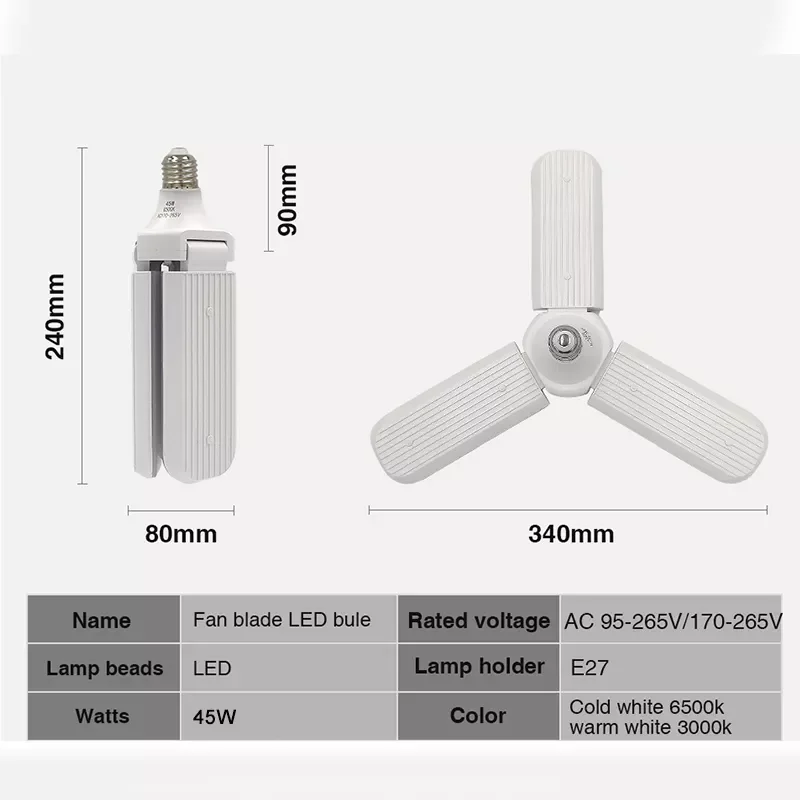 LED 전구 45W E27 220V 30W 60W 홈 에너지 절약 고휘도 펜던트 조명, 접이식 팬 블레이드 LED 차고 조명