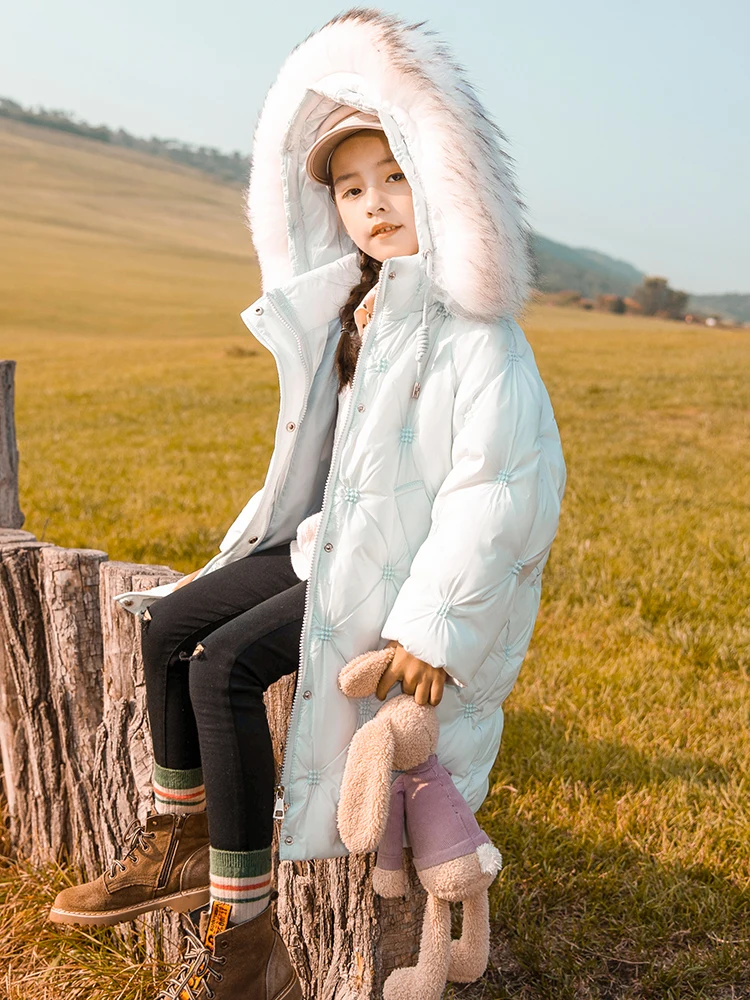 HSSCZL Girls duck down jackets embroidery long 2022new winter thicken girl coat outerwear overcoat hooded fur children&s clothes