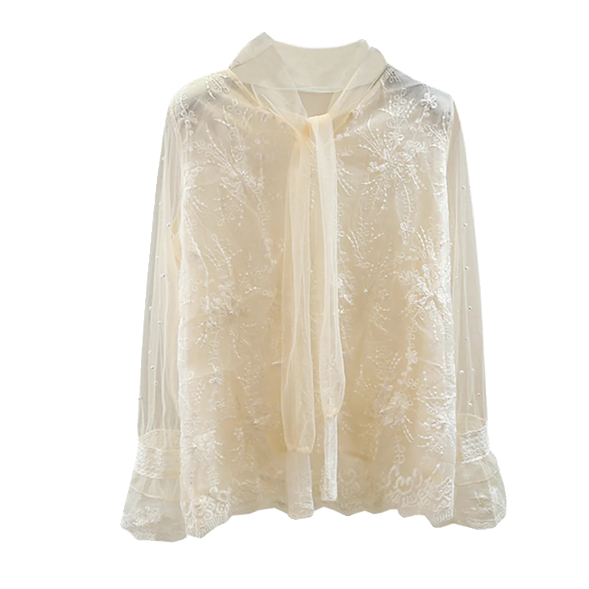 Heavy Industry Beads Lace-up Fashion Flower Embroidery Mesh Stitching Long Sleeves Pullover Shirts Female Elegant Versatile Top