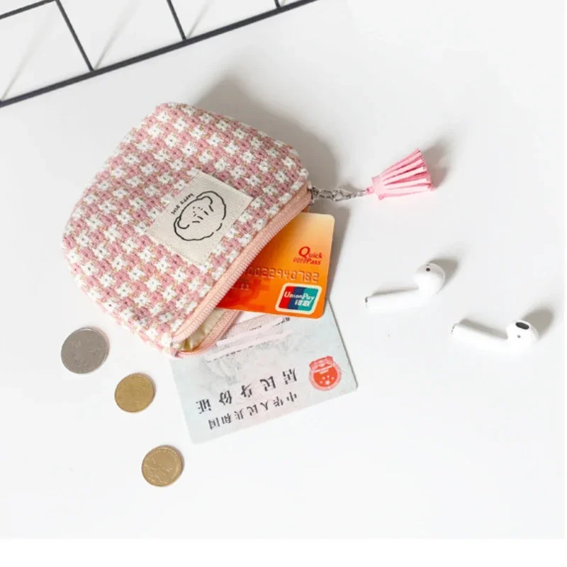 Mini Coin Money Earphone Lipstick Data Line Storage Bag Students ID Card Bank Card Bag Clutch Pouch Colorful Plaid Coin Purse