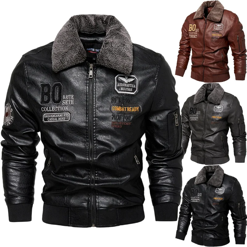 

2022 Vintage Motorcycle Jacket Embroidery Detachable Fur Collar Biker PU Leather Jackets Winter Fleece Bomber Coat Overcoat Male