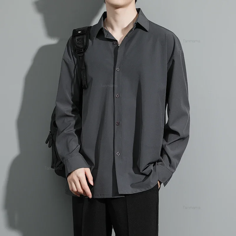 용수철 여름 남성용 루즈한 단색 긴팔 셔츠, 캐주얼 패션, 고탄성 드레이프, 다리미 셔츠, 화이트 블랙 카키 그레이