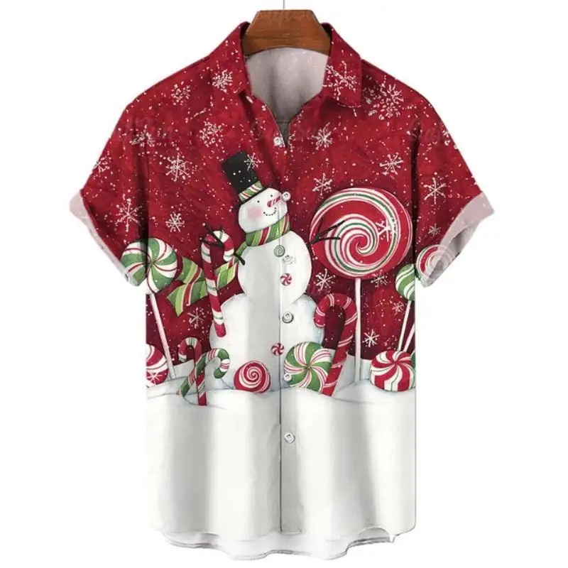 Christmas Red Men'S Shirts Hawaiian Santa Claus Snowman Tree Fashion Casual Short Sleeved Party Summer Tops Oversized Clothing