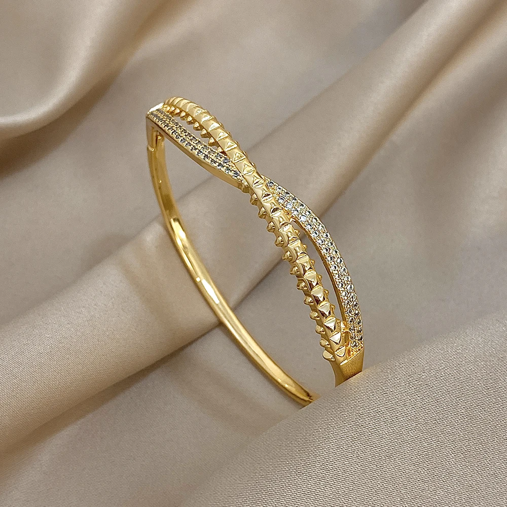 Elegant Zircon Geometric Stackable Cuff Bangle with Rhinestone Charms