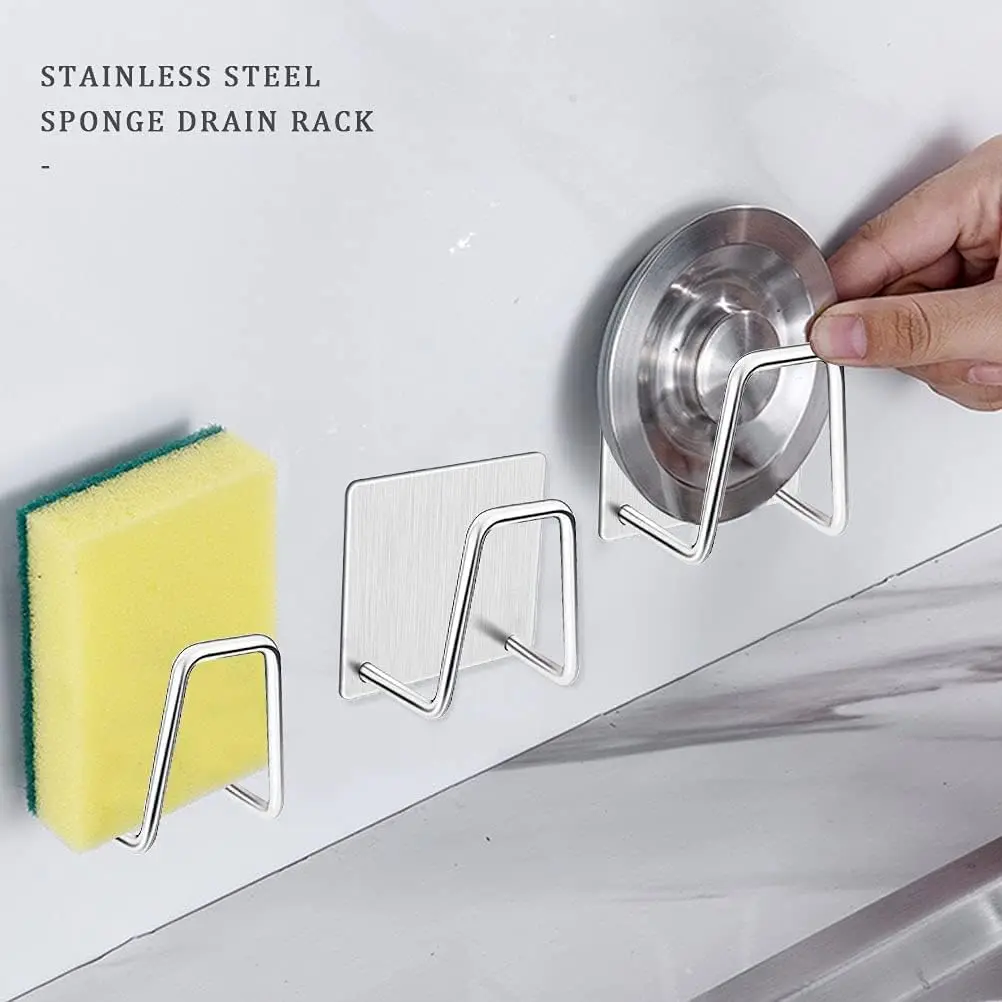 Kitchen Adhesive Stainless Steel Sponge Holder Waterproof Sink Sponge Drain Rack Shelf Organizer and Kitchen Storage Accessories