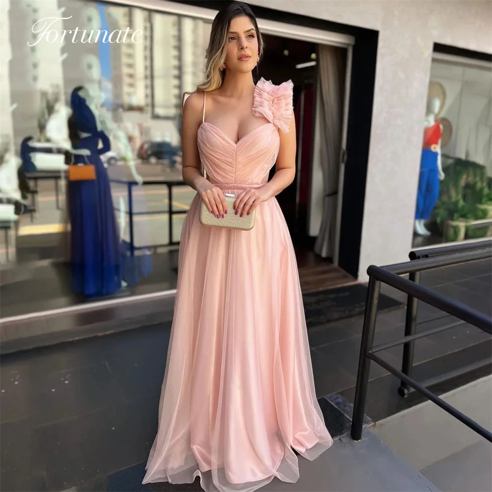 

Fortunate Elegant Pink Spaghetti Strap Ruffles Tulle Prom Dress Sweetheart Sleeveless A Line Backless Floor Length Evening Gowns