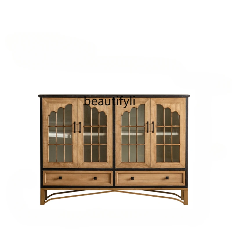 

American Retro Sideboard Cabinet Solid Wood Glass Wine Cabinet Wall Hallway Aisle Decoration Locker