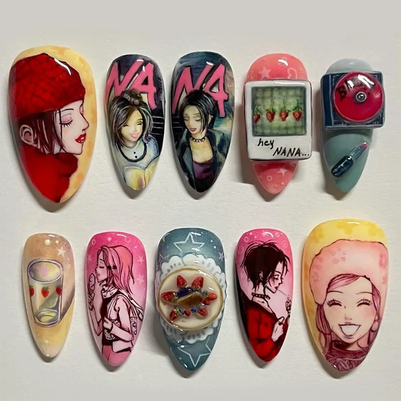 30pcs Anime Pattern Full Cover Nail Tip Colorful Almond False Nail Art Ornament for Girls Wearable Press on Nails Set Fake Nails