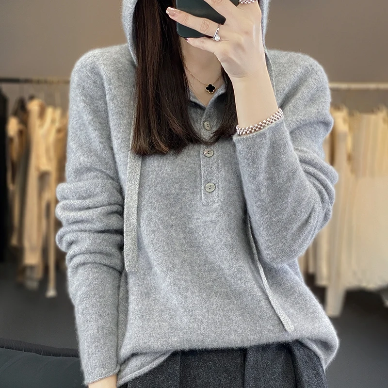 

23 Fall Winter New Pure Sweater Women's Long Sleeve Pullover Hooded Solid Color 100% Pure Wool Loose One-Line Readymade Knit Top