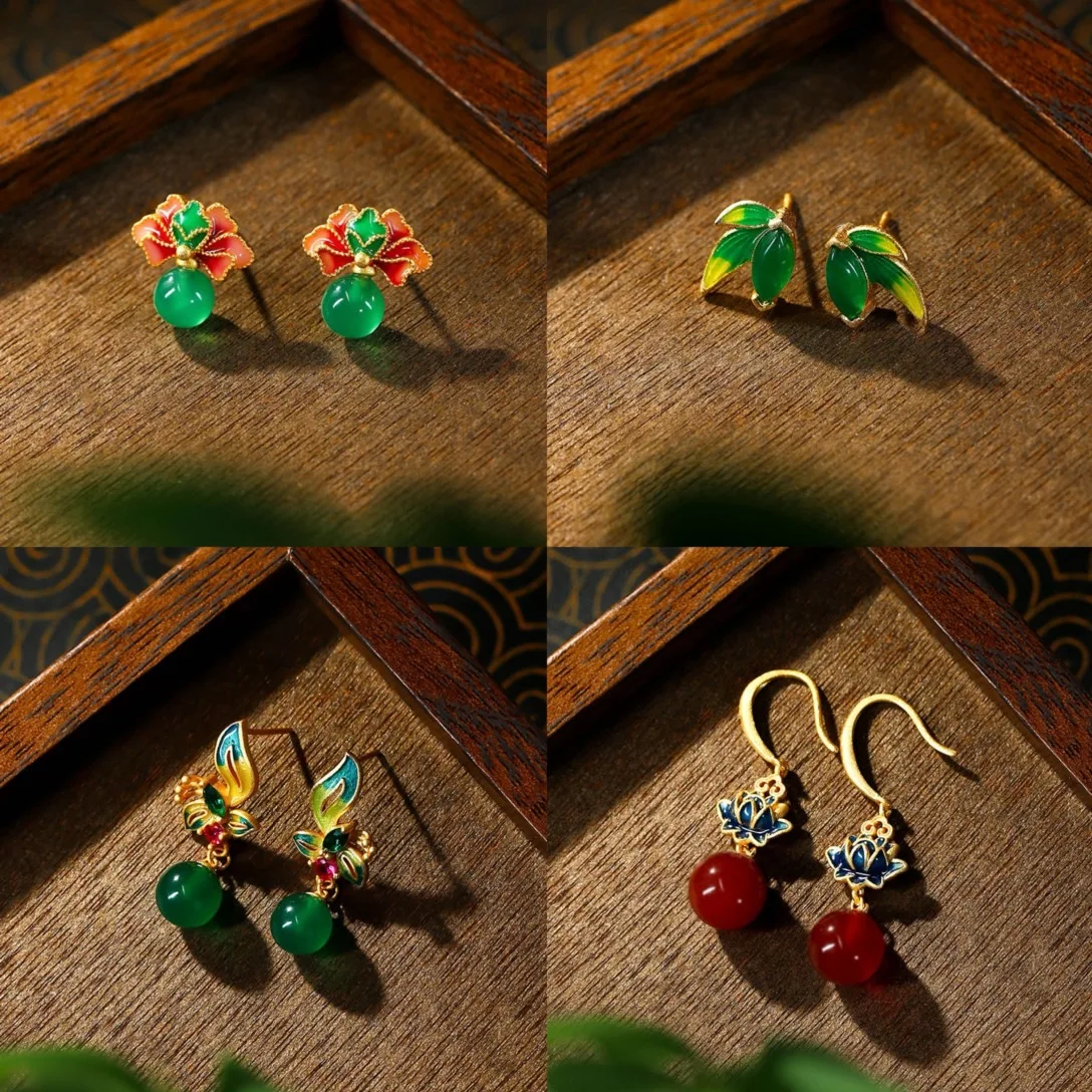 New Chinese Fashion Natural Jade Pendant Stud Earrings for Women Retro Design Small Luxury Jewelry Painted Enamel Elegant Gifts 2
