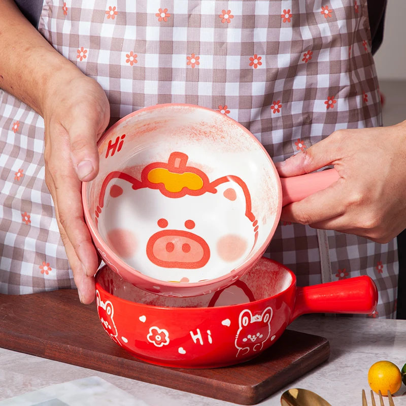 Ceramic baking tray bowl, cute cartoon pattern handle bowl, 580ml
