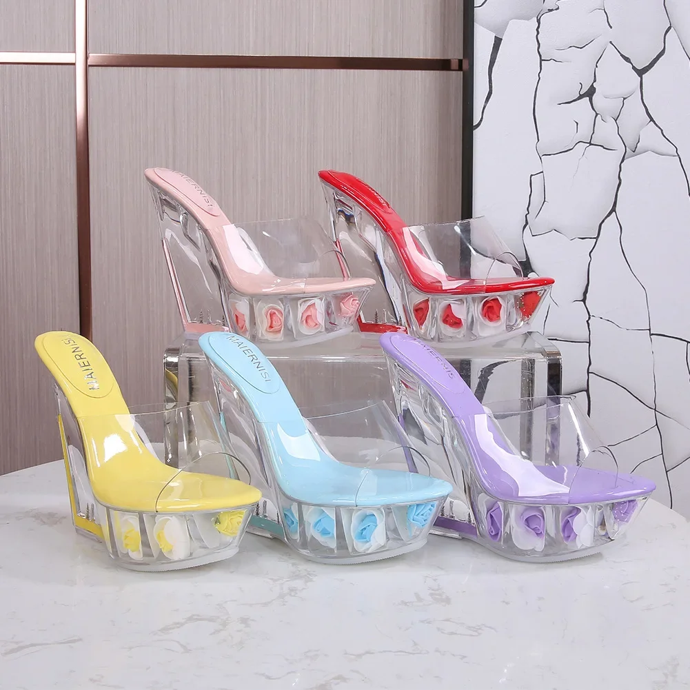 여름 꽃 방수 여성 슬리퍼 플랫폼, 투명 크리스탈 샌들, 나이트 클럽 웨지, 하이힐 슬리퍼, 14cm