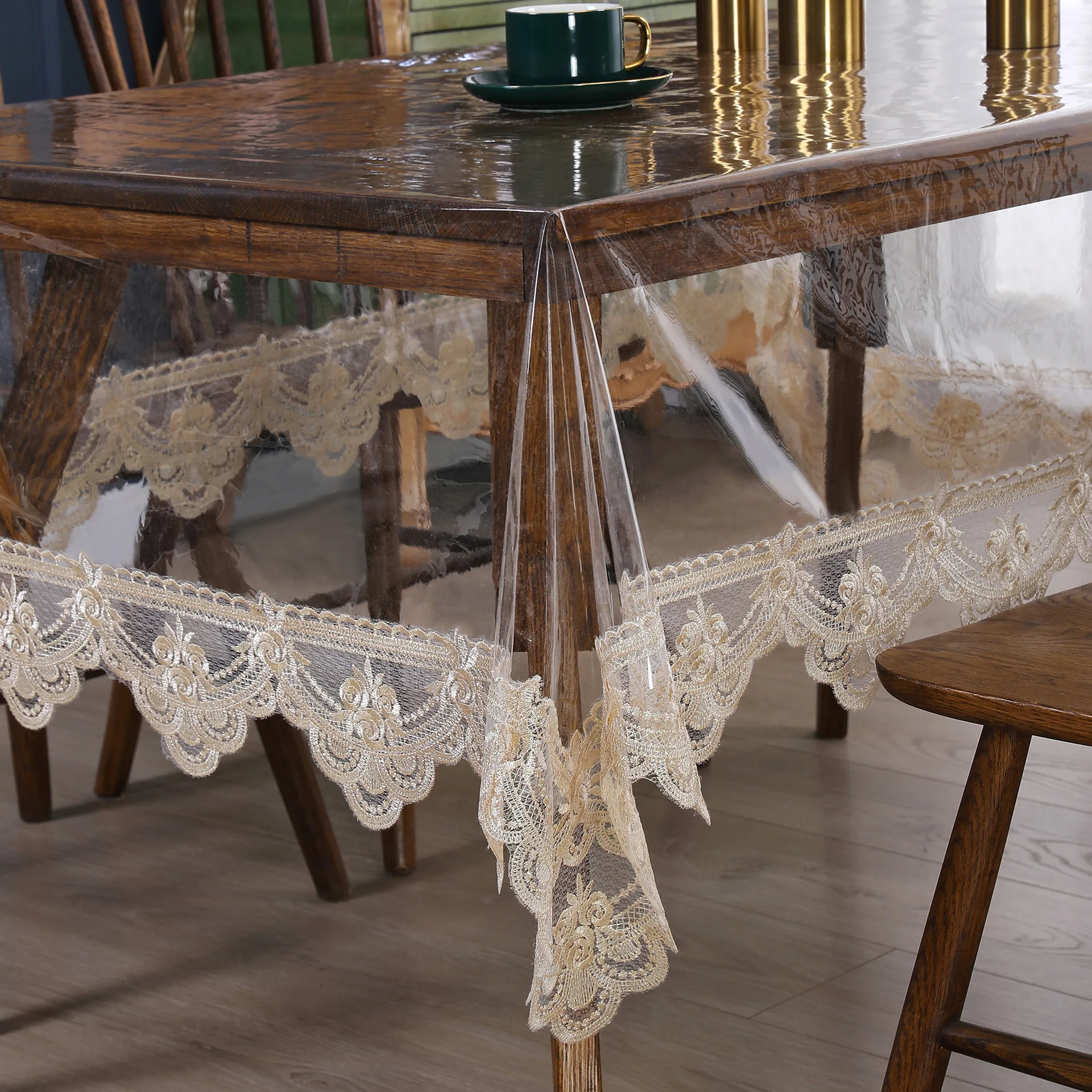 

Soft Glass Transparent Dining Tablecloth PVC Waterproof Birthday Coffee Table Cover Rectangular Party Embroidery Lace Decoration