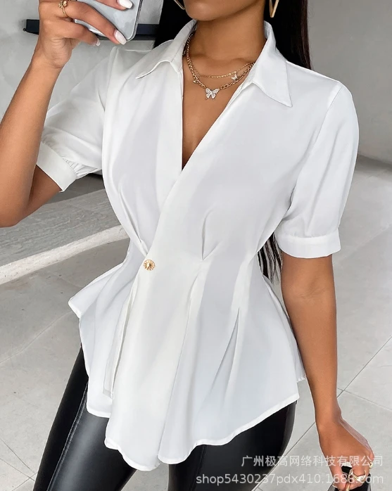 Women Solid Color T-Shirt Button Waist Top 2024 Spring/summer Latest Elegant Style Atmosphere Commission Wrapped Sleeves Blouse 1pc rotating color hanging ball mirror reflecting ball provides a disco atmosphere to parties barbecues dances