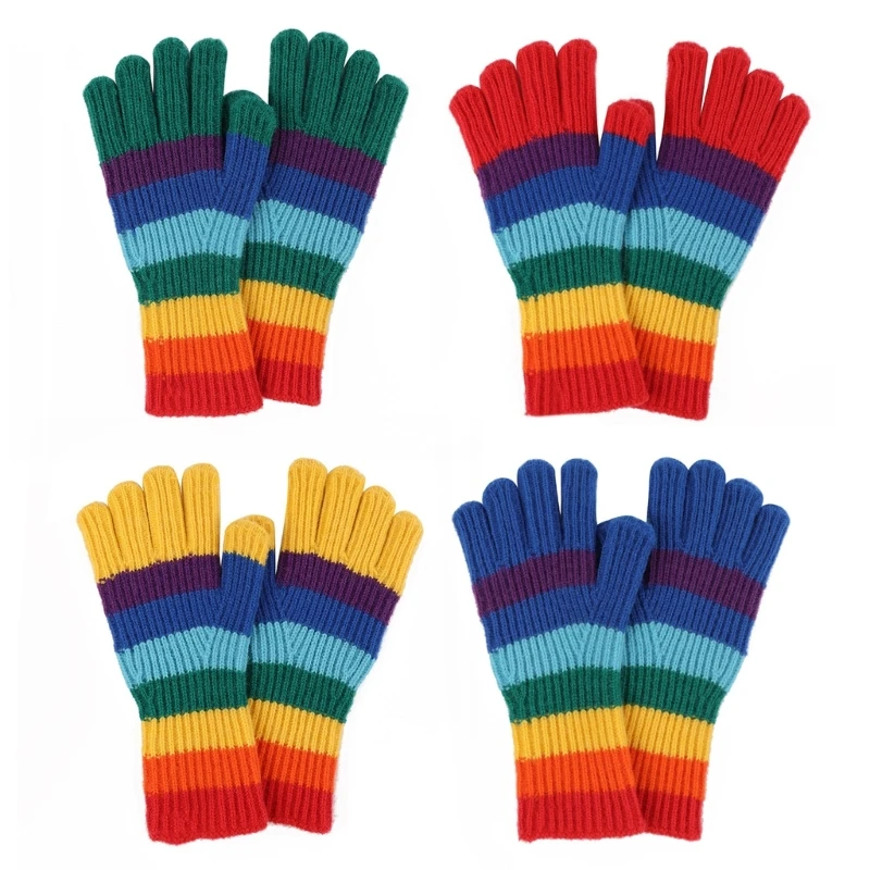 

Lovely Stripe Mittens Touchscreen Rainbow Colorful Mitten Full Finger for Adults