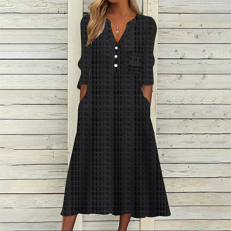 Elegant Chic V-Neck Office Lady Pockets Dresses For Women 2023 Women's Long Sleeve Buttons Pullovers Loose Dot Female Dress