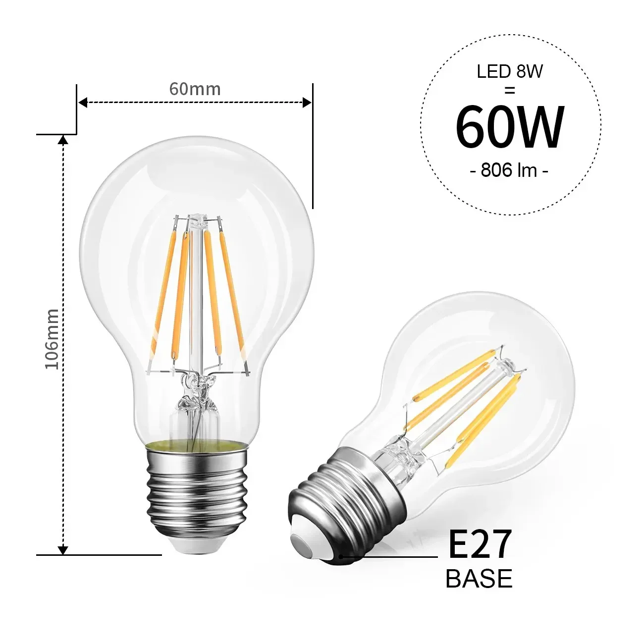 Lot de 6 Ampoules led Standard E27 60W 806lm 4000K