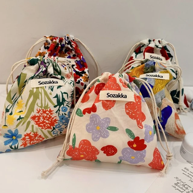 Cute Floral Drawstring Makeup Bag for Women Portable Cosmetic Organizer Pouch Candy Storage