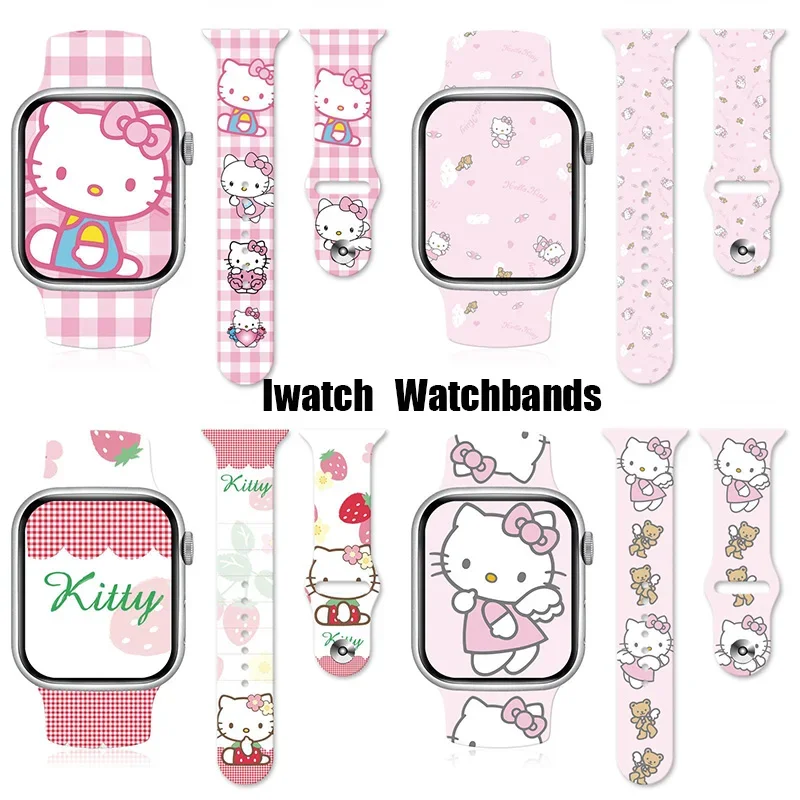 귀여운 산리오 헬로 키티 애플 워치 밴드, 카와이 S7 S8 아이워치 8 7 6 5 4 3 SE 액세서리, 만화 고양이 인쇄 시계 밴드, 소녀 선물 
