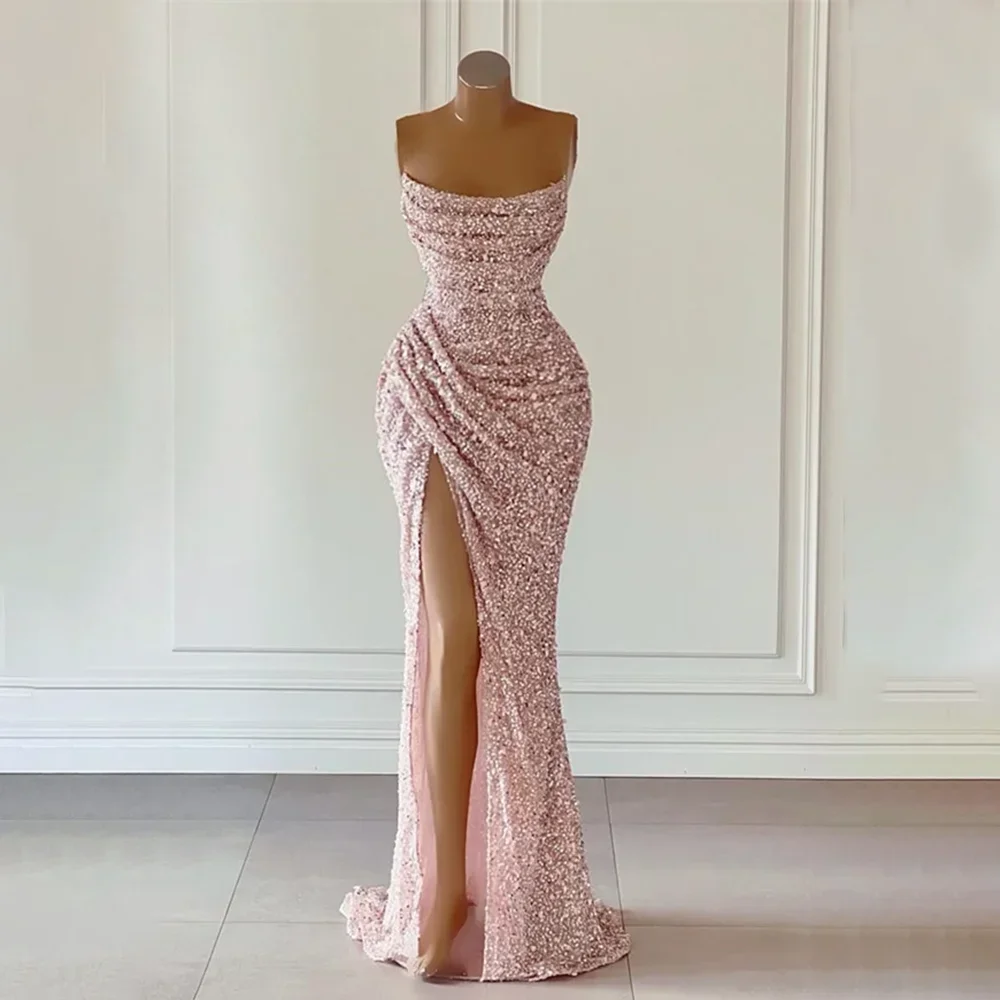 

Exquisite Sequined Pink Party Dress Fashion Strapless Sleeveless Pleat Mermaid Prom Gowns Floor Length Side Slit Evening Dress