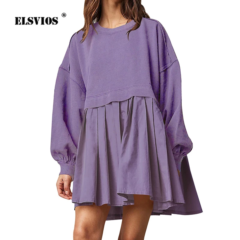

Lady Streetwear Fake Two Piece Pleated Dress Autumn Winter Fashion Casual Solid Color Patchwork Loose Elegant Party Female Dress