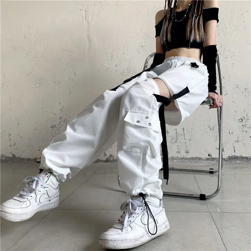 HOUZHOU White Streetwear Cargo Pants Women Y2k Harajuku Loose Patchwortk  High Waist Trousers Casual Removable Techwear Korean