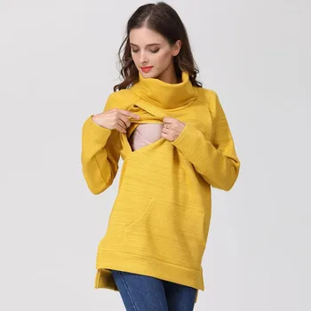Winter Maternity Clothing Thermal Breastfeeding Clothes High Neck Nursing Hoodies Cotton Blend in Stock Lactation Sweater