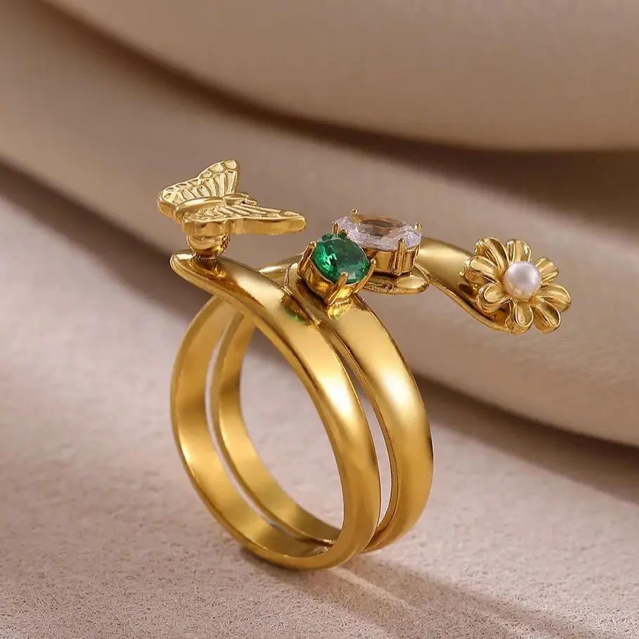 Zircon Ring Butterfly Flower for Women