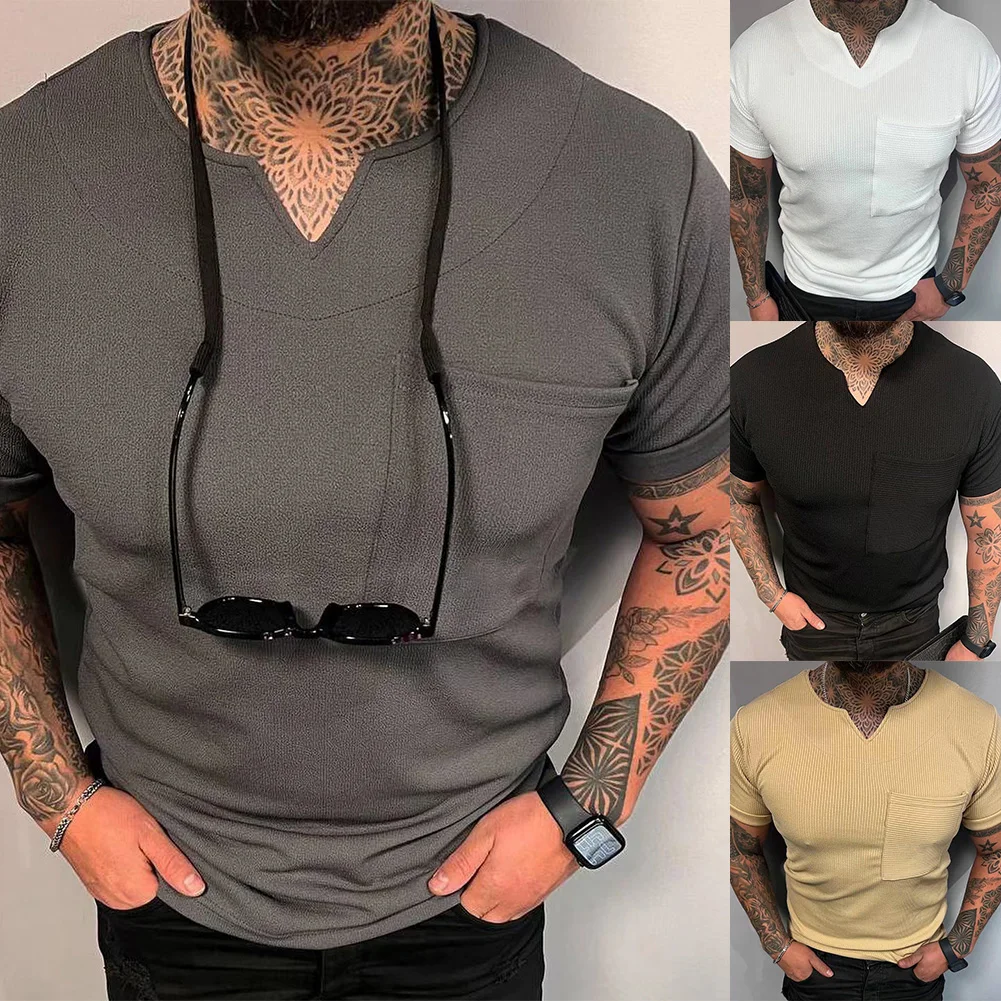 

Summer Short Sleeve Ribbed Casual T Shirts Men Solid Color V Neck Slim Pullover Tops 2023 Streetwear Men's Tees Clothing