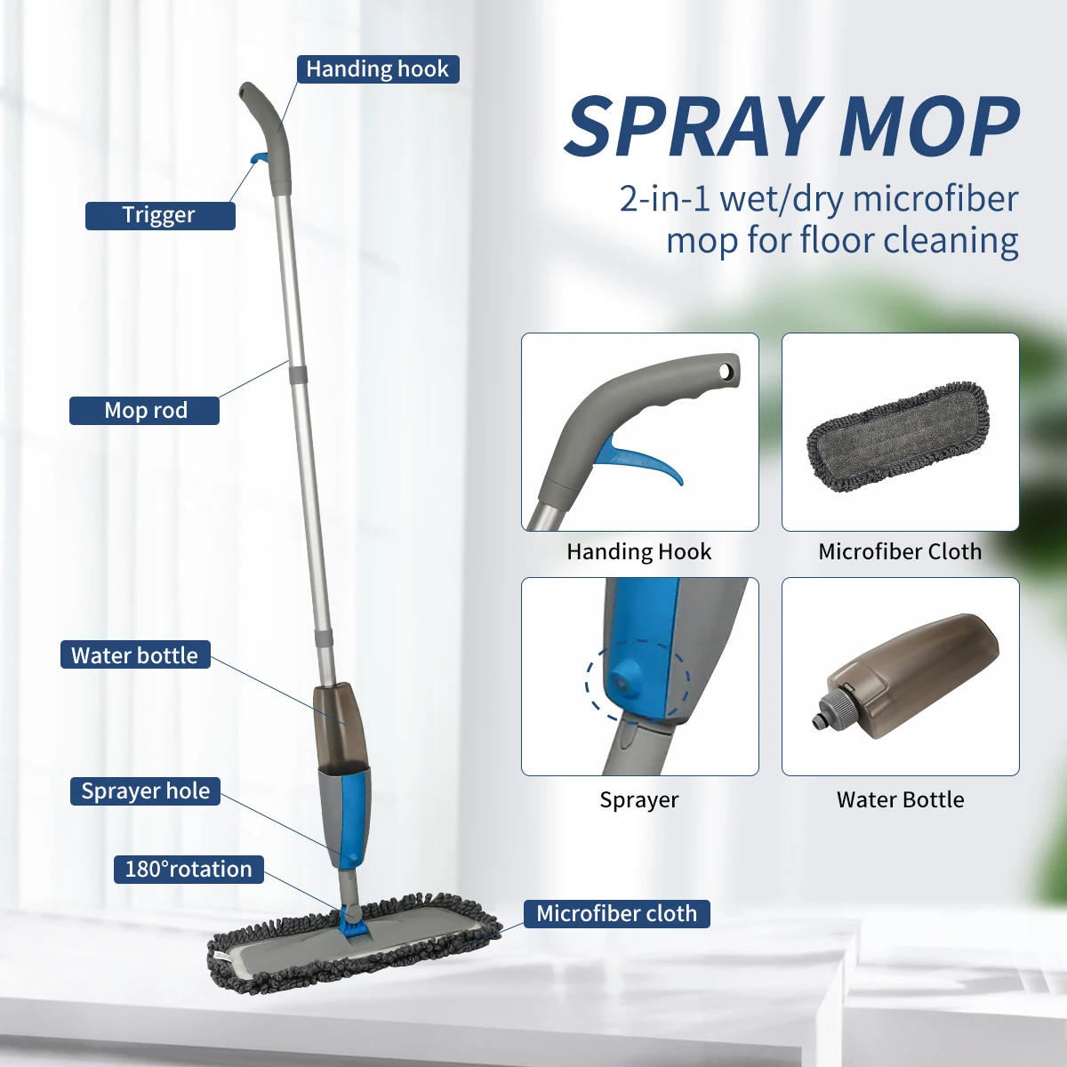 Spray Mop Broom Set Magic Flat Mops for Floor Home Cleaning Tool Brooms Household with Reusable Microfiber Pads Rotating: 3 - 5 Days Free Delivery Only UK Mop