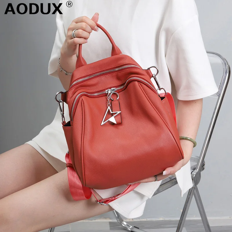 

AODUX 100% Genuine Cow Leather Calfskin Women Backpacks First Layer Nature Cowhide Book Dual Function Backpack One Shoulder Bag