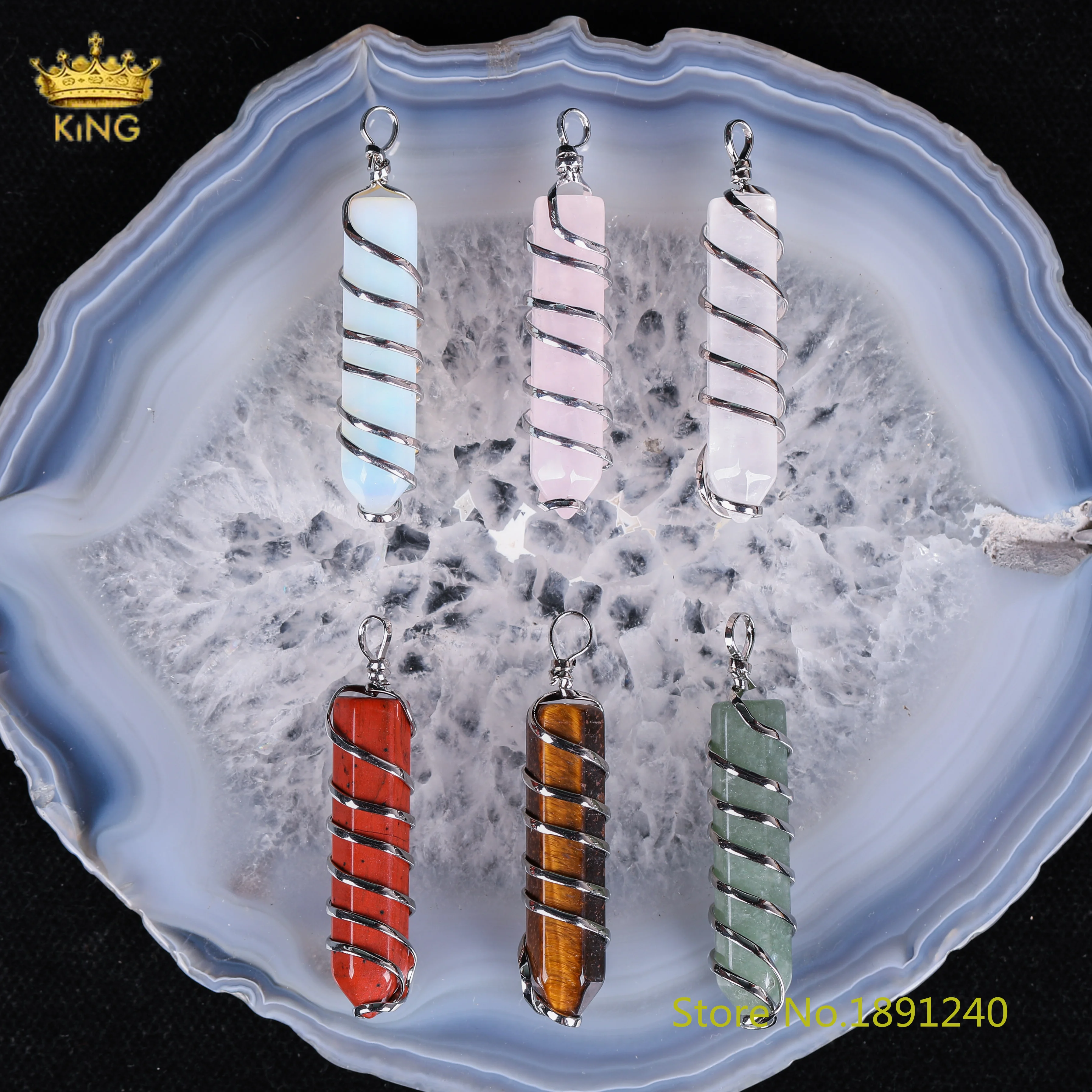 

King Healing Crystal Silver Wire Wrapped Opal Tiger Eye Rose Quartz Jewelry Spike Stick Point Stone Pendant