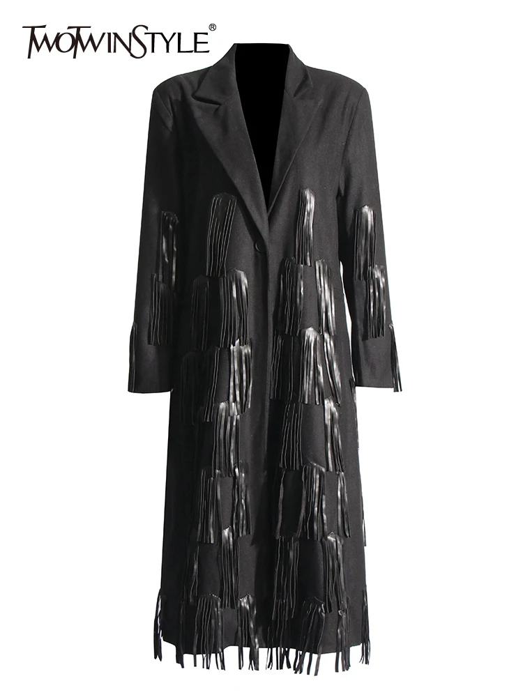 

TWOTWINSTYLE Solid Patchwork Tassel Temperament Trench For Women Lapel Long Sleeve Loose Designer Trenches Female Fashion Style