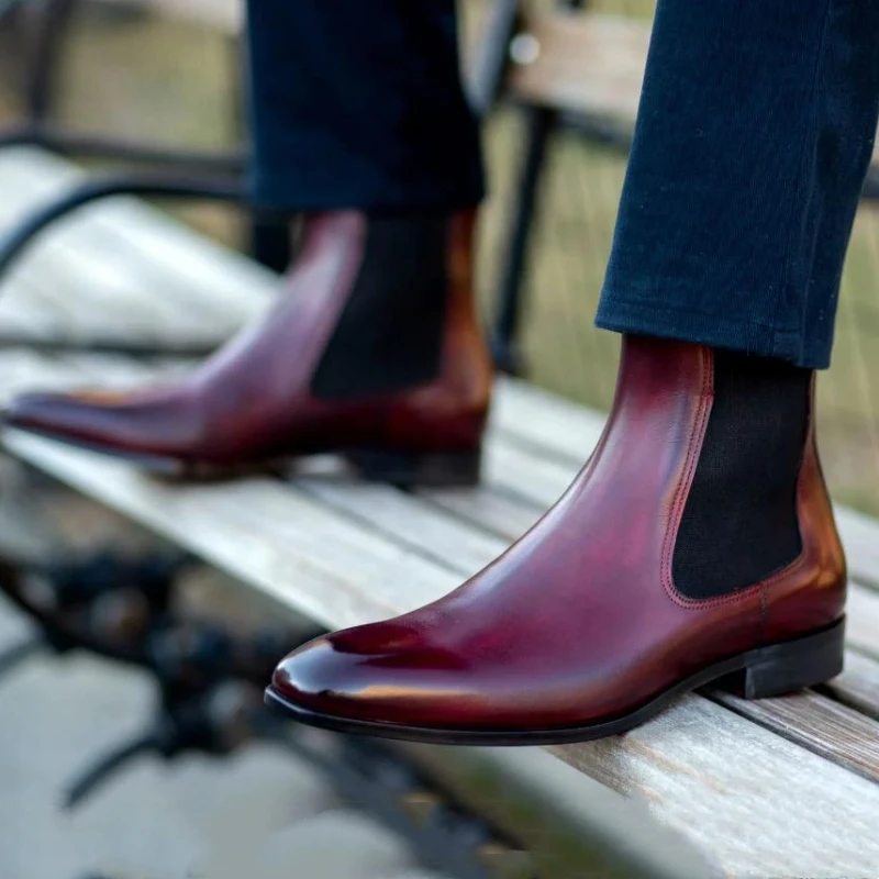 New Red Chelsea Boots for Men Business Square Toe Slip-On Men Short Boots Botas De Hombre