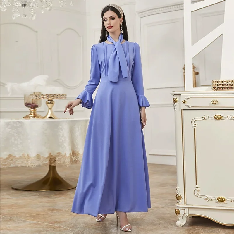 Muslim Abaya Ramadan Morocco Ruffles Sleeve Solid Ribbons Gorgeous Party Dress Kaftan Islam High Waist Vestidos فساتين السهرة
