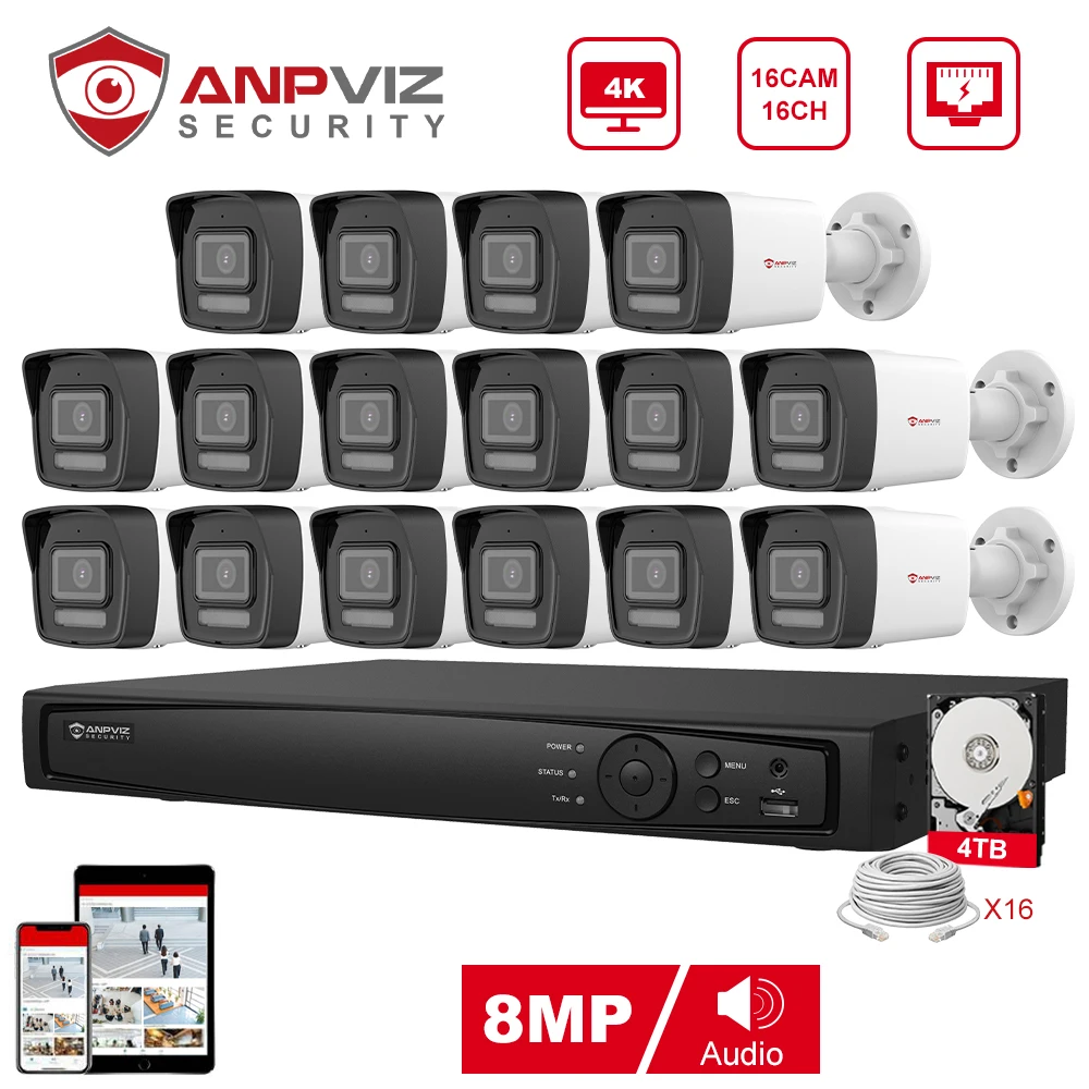 Anpviz 16CH 4K NVR 8MP POE IP Customized Camera Plug&Play System CCTV Outdoor Security Surveillance Kit Remote View H.265 IR 30m