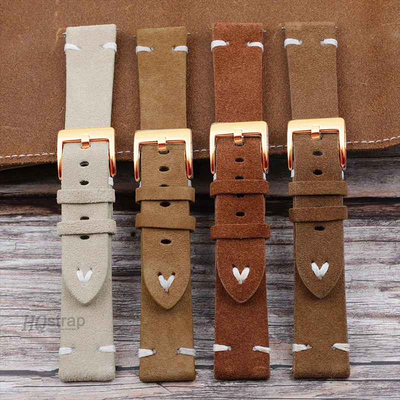 Rose Gold Buckle Suede Leather Vintage Watch Strap with Quick Release