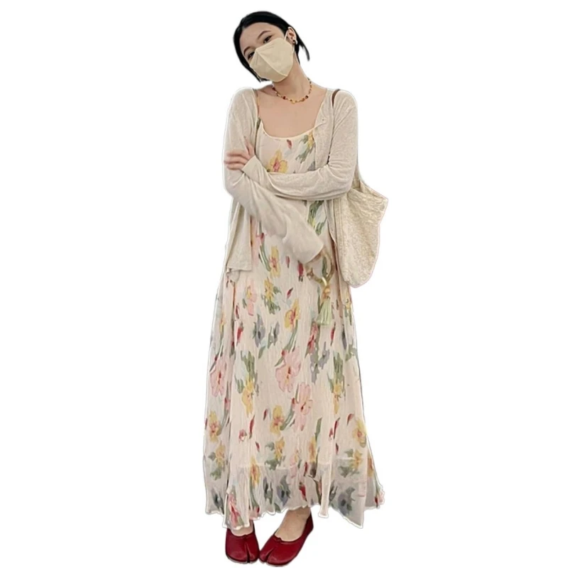 

Women Summer Chiffon Suspender Long Dress Sweet Floral Print Round Neck Sleeveless Cool Cozy Loose Fairycore For Female Vestidos