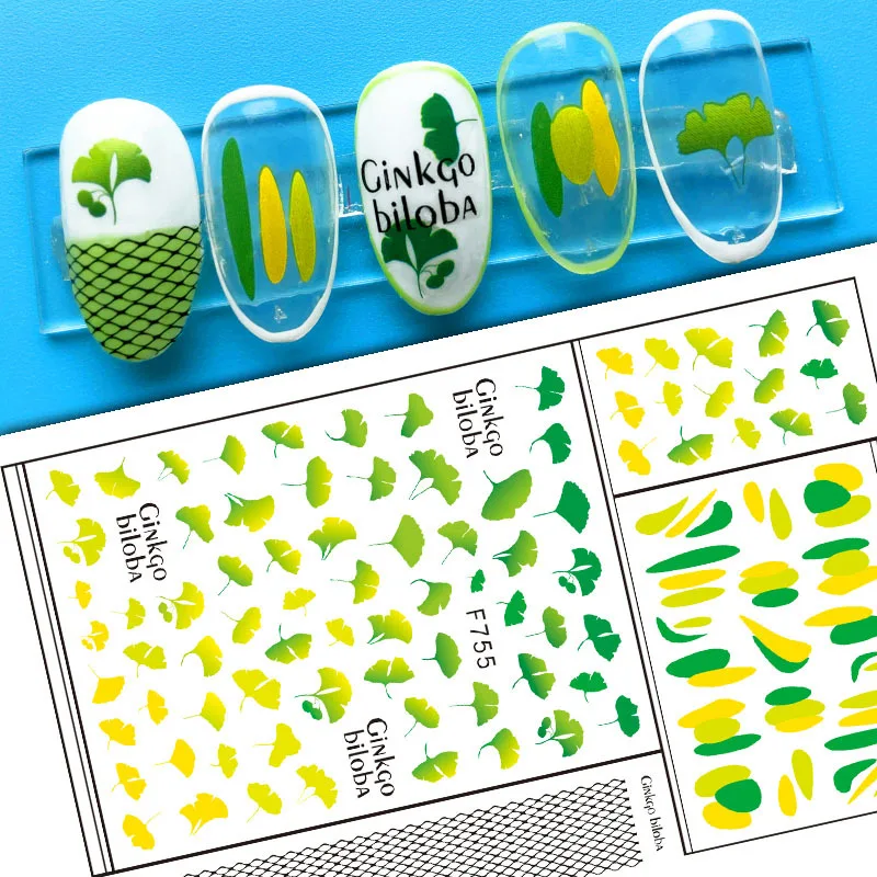 Ginkgo Biloba Stickers For Nails Green Yellow Leaf 3d Nail Sticker Art