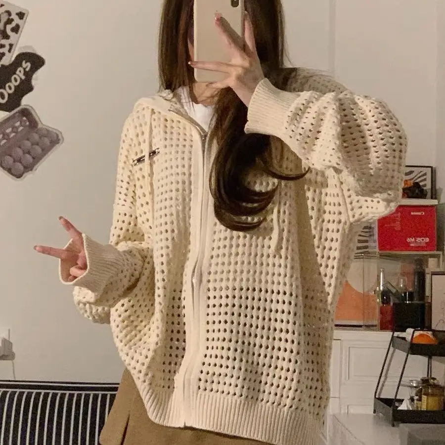 

Новинка 2023, повседневные однотонные тонкие приталенные куртки с круглым вырезом и открытым стежком, весенне-летние ажурные пальто, женская одежда с соединением на молнии, P287