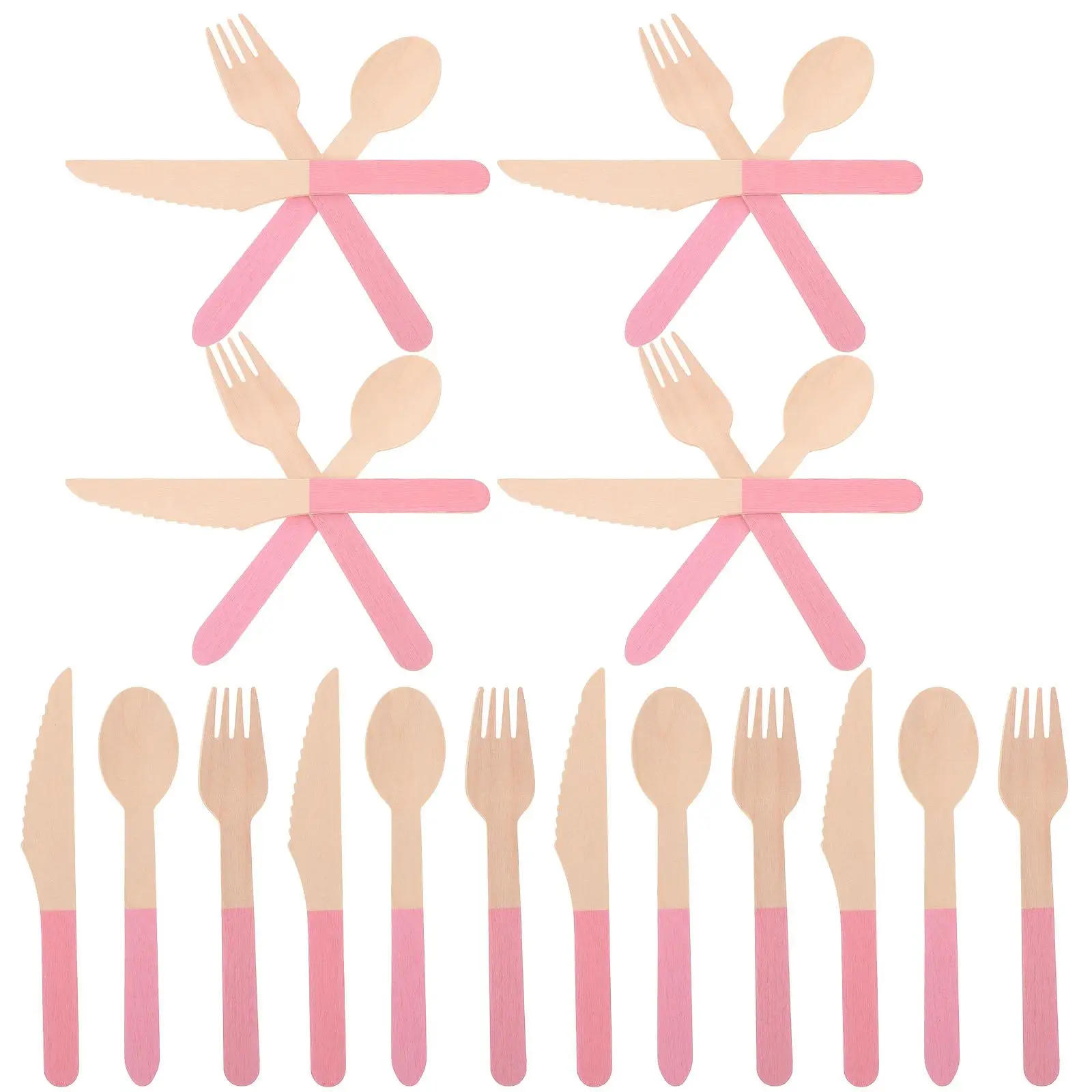 24 Pcs Disposable Tableware for Parties Wood Fork Dishes Wooden Spoon and Chopsticks Untensils Cutlery Paper Cup