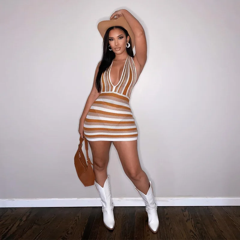 

European and American Style 2022 Summer Hot Selling New Striped Neck Open Back Deep V Knitted Sweater Dress Women's Wear