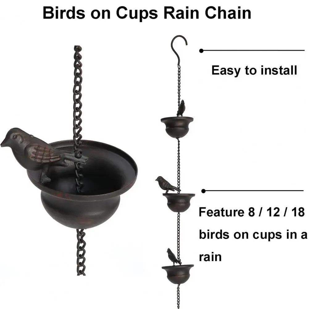 Rain Chain 8.5 Feet Mobile Birds on Cups Rain Chain Red Bronze Decorative Bird Outdoor Courtyard Garden Decoration